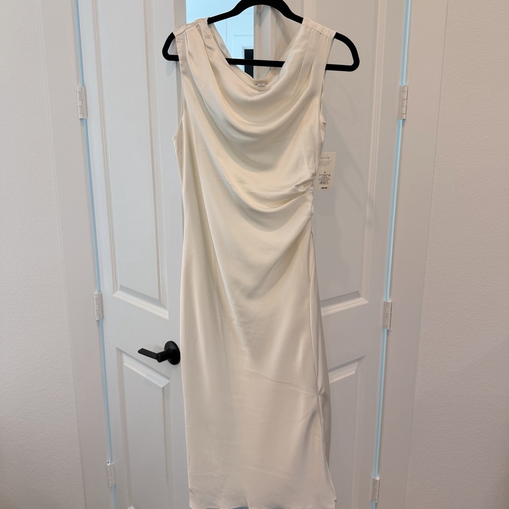 A New Day Cream Maxi Dress Long Sleeveless Cowl Neck Ruched Satin Lined S